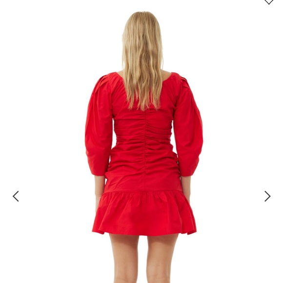 RED COTTON POPLIN GATHERED U-NECK MINI DRESS GANNI - Picture 4 of 7